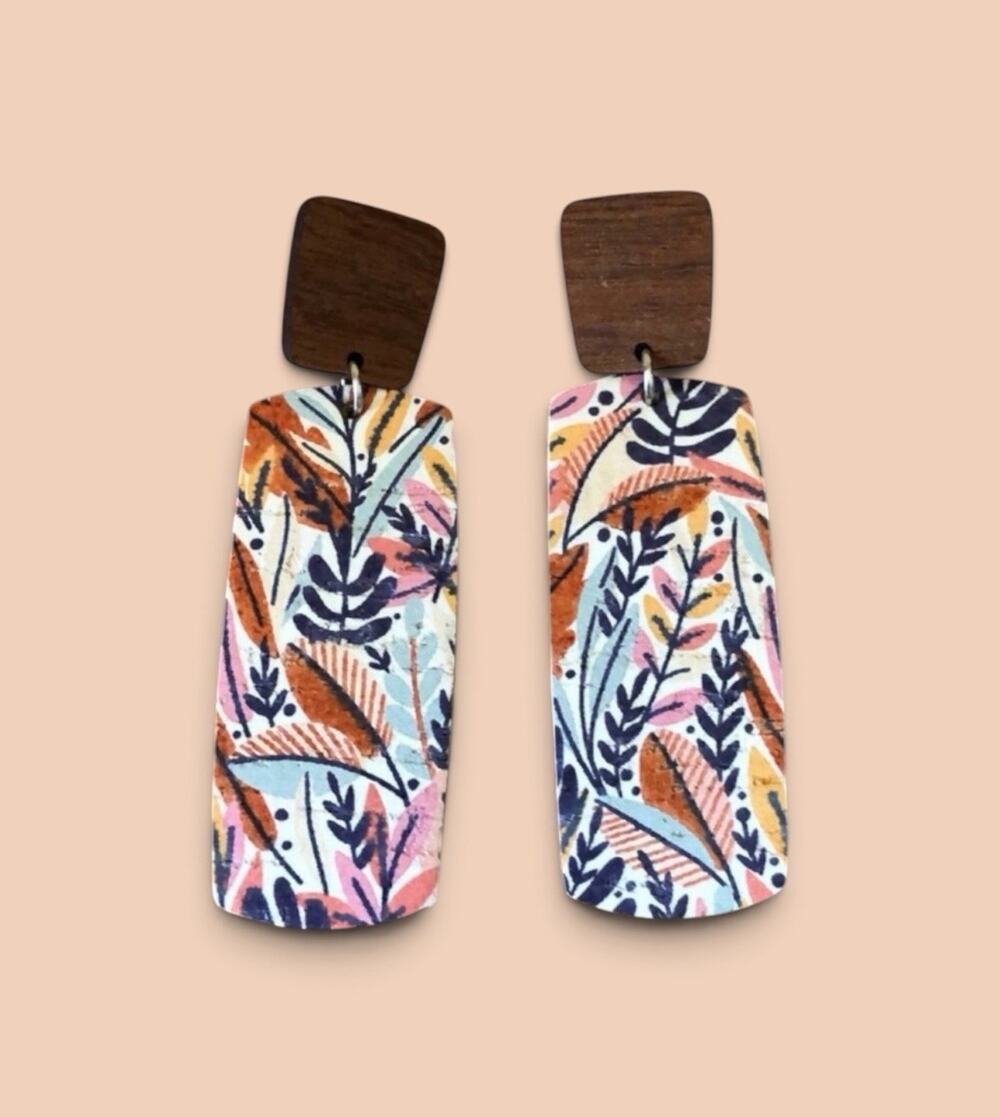 Boho Botanical Wood Dangle Earrings Floral Leaf Print Statement Earrings